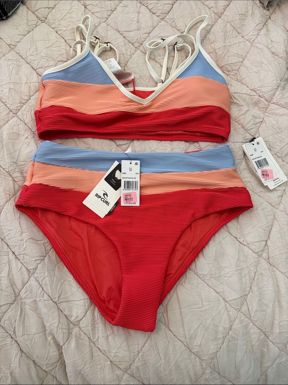 Rip Curl Colorblock Ribbed Bikini Set - Red, Peach & Light Blue